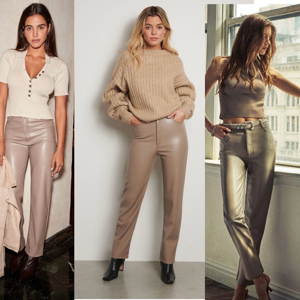 Dynamite Gisele Taupe brown Faux Leather Pleather Vegan straight leg Pants Sz 6